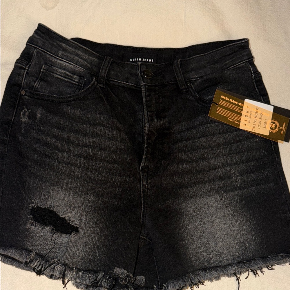 Risen Jeans Black Distressed High-Rise Denim Shorts